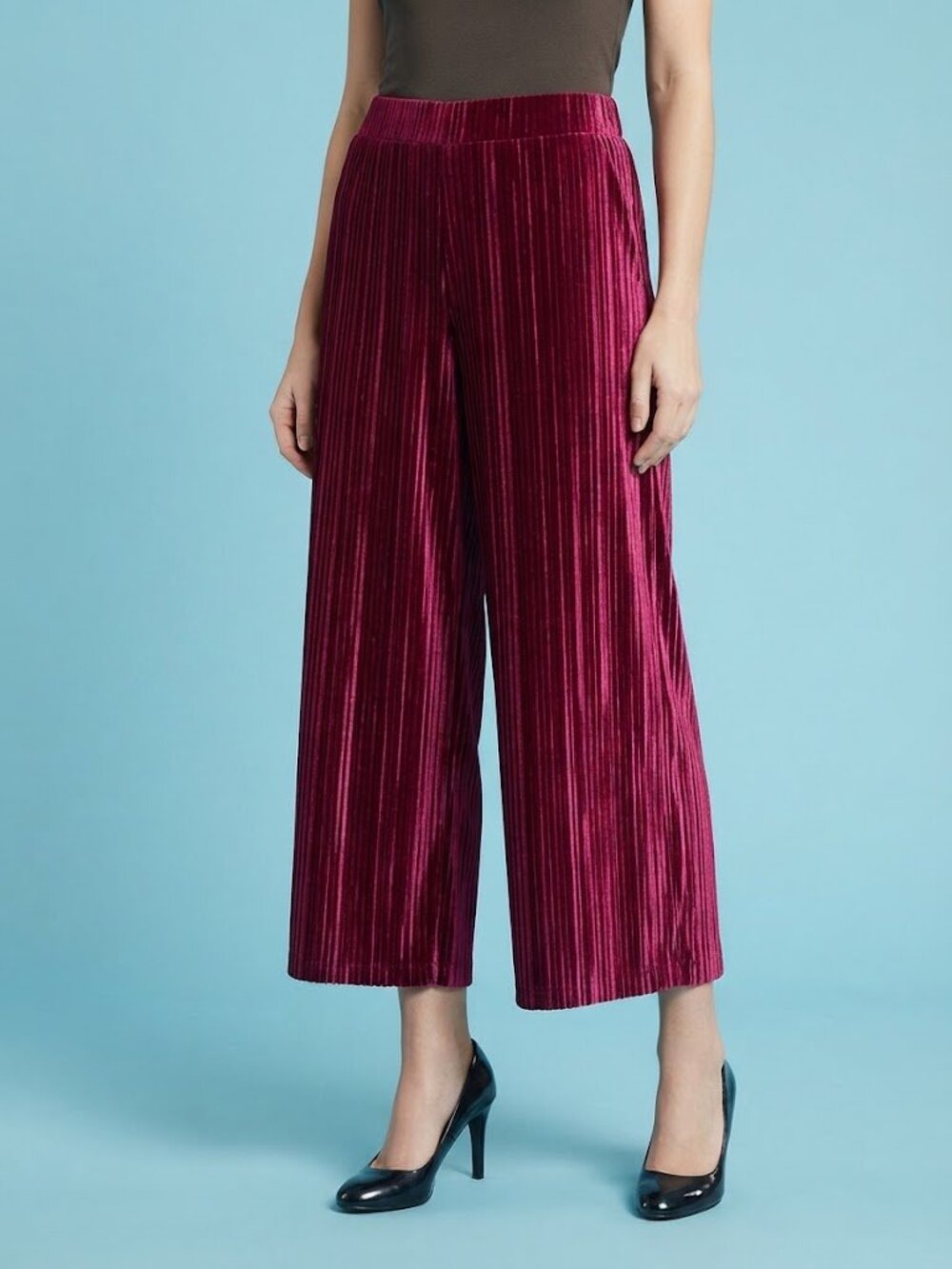 Red Pleated Velor Cropped Wide Leg Pants